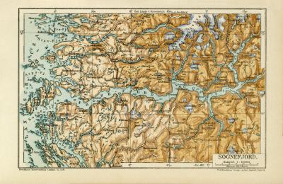Sognefjord historische Landkarte Lithographie ca. 1912