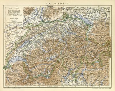 Die Schweiz historische Landkarte Lithographie ca. 1904