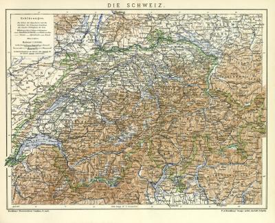 Die Schweiz historische Landkarte Lithographie ca. 1907
