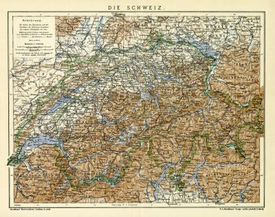 Die Schweiz historische Landkarte Lithographie ca. 1912