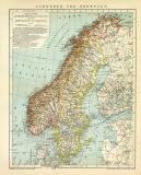 Schweden und Norwegen historische Landkarte Lithographie ca. 1904