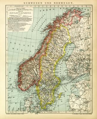 Schweden und Norwegen historische Landkarte Lithographie ca. 1905