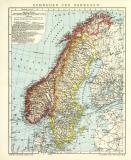 Schweden und Norwegen historische Landkarte Lithographie ca. 1907