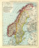Schweden und Norwegen historische Landkarte Lithographie ca. 1908