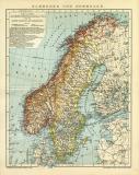 Schweden und Norwegen historische Landkarte Lithographie ca. 1911