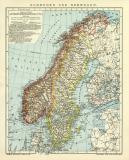 Schweden und Norwegen historische Landkarte Lithographie ca. 1912