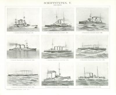 Schiffstypen IV.-VI. Kriegsschiffe Panzerschiffe Handelsschiffe historische Bildtafel Holzstich ca. 1903
