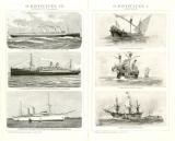 Schiffstypen I.-III. Segelschiffe Personendampfer historische Bildtafel Holzstich ca. 1903