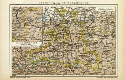 Salzburg und Salzkammergut historische Landkarte Lithographie ca. 1905
