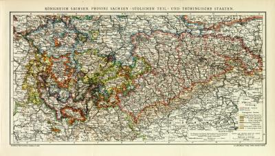 Königreich Sachsen Provinz Sachsen südlicher Teil und Thüringische Staaten historische Landkarte Lithographie ca. 1908