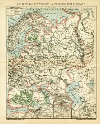 Die Schiffahrtsstrassen im Europäischen Russland historische Landkarte Lithographie ca. 1904