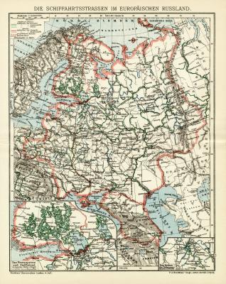 Die Schiffahrtsstrassen im Europäischen Russland historische Landkarte Lithographie ca. 1912