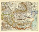 Rumänien Bulgarien und Serbien historische Landkarte Lithographie ca. 1909