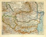 Rumänien Bulgarien und Serbien historische Landkarte Lithographie ca. 1911