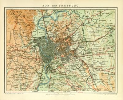 Rom und Umgebung historischer Stadtplan Karte Lithographie ca. 1911