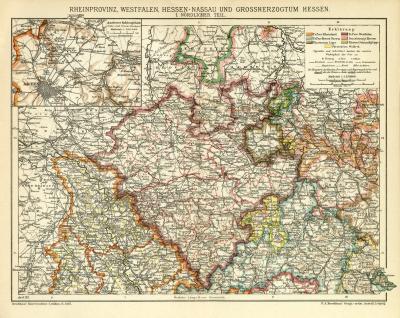 Rheinprovinz Westfalen Hessen Nassau und Grossherzogtum Hessen I. Nördlicher Teil historische Landkarte Lithographie ca. 1911