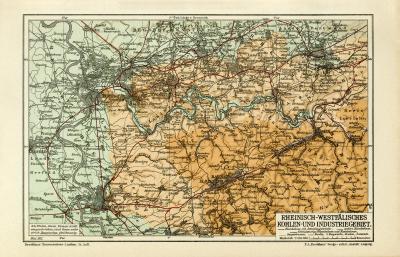 Rheinisch Westfälisches Kohlen- und Industriegebiet historische Landkarte Lithographie ca. 1911