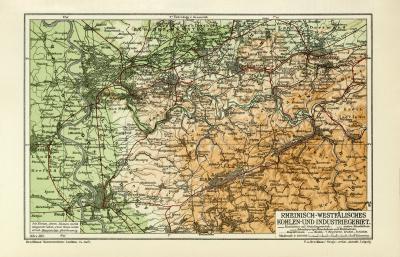 Rheinisch Westfälisches Kohlen- und Industriegebiet historische Landkarte Lithographie ca. 1912