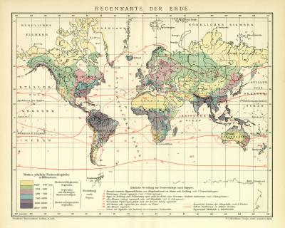 Regenkarte der Erde historische Landkarte Lithographie ca. 1912