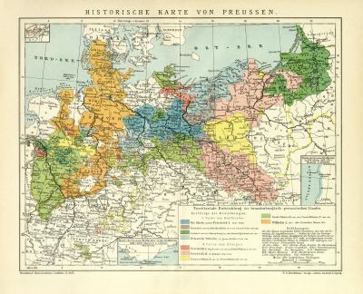 Preussen historische Karte Lithographie 1911 Original der Zeit