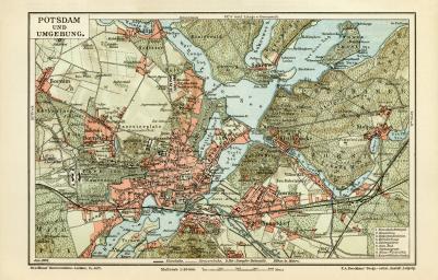 Potsdam Umgebung Stadtplan Lithographie 1904 Original der Zeit