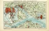 Portsmouth und Southampton historischer Stadtplan Karte Lithographie ca. 1905
