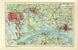 Portsmouth und Southampton historischer Stadtplan Karte Lithographie ca. 1909