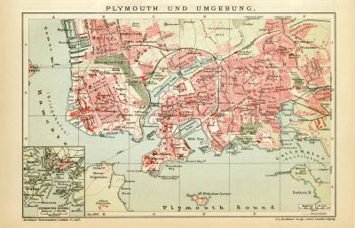 Plymouth und Umgebung historischer Stadtplan Karte Lithographie ca. 1905