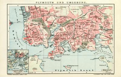 Plymouth und Umgebung historischer Stadtplan Karte Lithographie ca. 1907