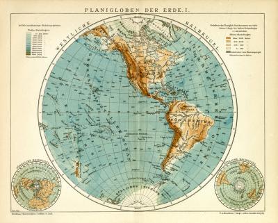 Planigloben der Erde I. Karte Lithographie 1903 Original der Zeit
