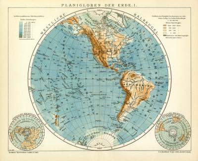 Planigloben der Erde I. historische Landkarte Lithographie ca. 1904