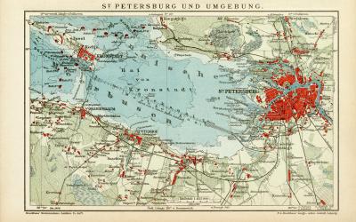 St. Petersburg Umgebung Stadtplan Lithographie 1906 Original der Zeit