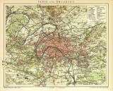 Paris und Umgebung historischer Stadtplan Karte Lithographie ca. 1908