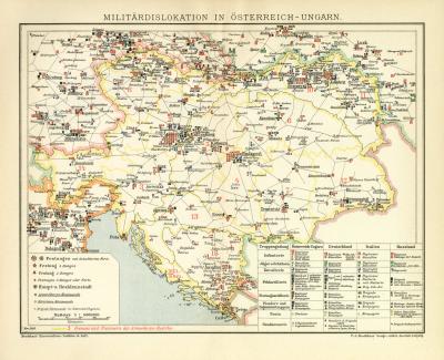 Militärdislokation in Österreich-Ungarn historische Militärkarte Lithographie ca. 1903