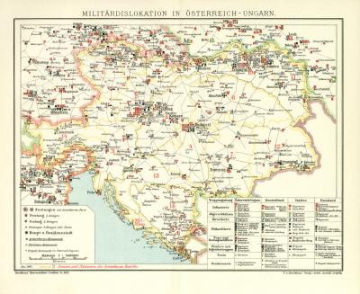 Militärdislokation in Österreich-Ungarn historische Militärkarte Lithographie ca. 1907