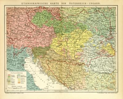 Ethnographische Karte von Österreich-Ungarn historische Landkarte Lithographie ca. 1903