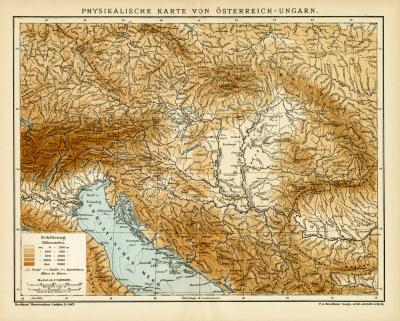 Physikalische Karte von Österreich-Ungarn historische Landkarte Lithographie ca. 1904