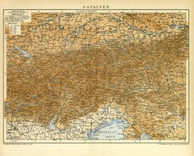 Ostalpen historische Landkarte Lithographie ca. 1905
