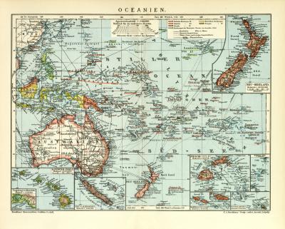 Oceanien Karte Lithographie 1910 Original der Zeit