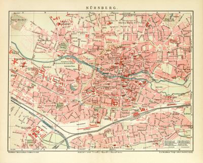 Nürnberg historischer Stadtplan Karte Lithographie ca. 1905
