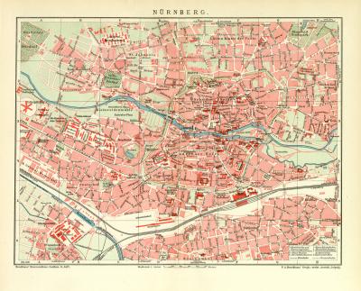 Nürnberg historischer Stadtplan Karte Lithographie ca. 1910