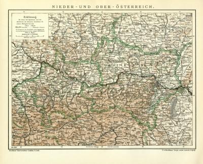 Nieder- und Ober- Österreich historische Landkarte Lithographie ca. 1910
