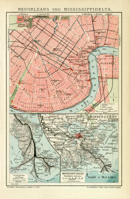 Neuorleans und Mississippidelta historischer Stadtplan Karte Lithographie ca. 1910