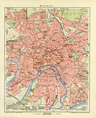 Moskau historischer Stadtplan Karte Lithographie ca. 1911
