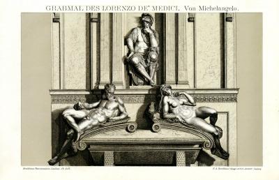 Grabmal des Lorenzo de Medici von Michelangelo historische Bildtafel Lithographie ca. 1903