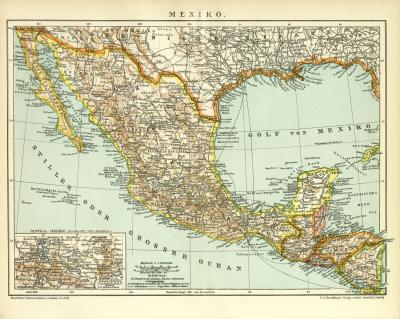 Mexiko Karte Lithographie 1912 Original der Zeit