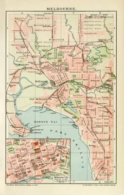 Melbourne historischer Stadtplan Karte Lithographie ca. 1902