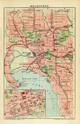 Melbourne historischer Stadtplan Karte Lithographie ca. 1907