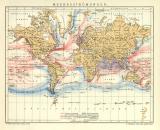 Meeresströmungen Welt Karte Lithographie 1902...