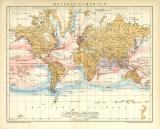 Meeresströmungen Welt Karte Lithographie 1907...